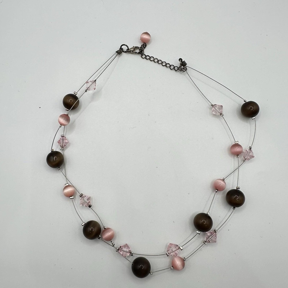 VTG Y2K Pink Cat Eye Bead Brown Double Strand Necklace Prom Homecoming‎ 18"